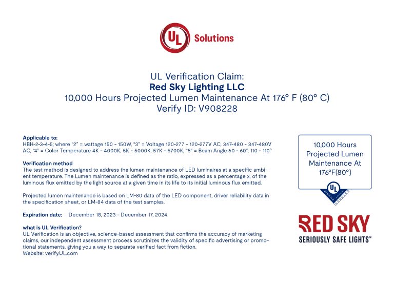 UL Solution Red Sky Lighting LLC Verification Certificate HBH Series-2